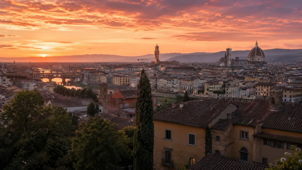 Vista panoramica dello skyline di Firenze al tramonto, con tetti in terracotta, il Duomo e torri storiche illuminate da un cielo caldo sui toni ambra e rosa.