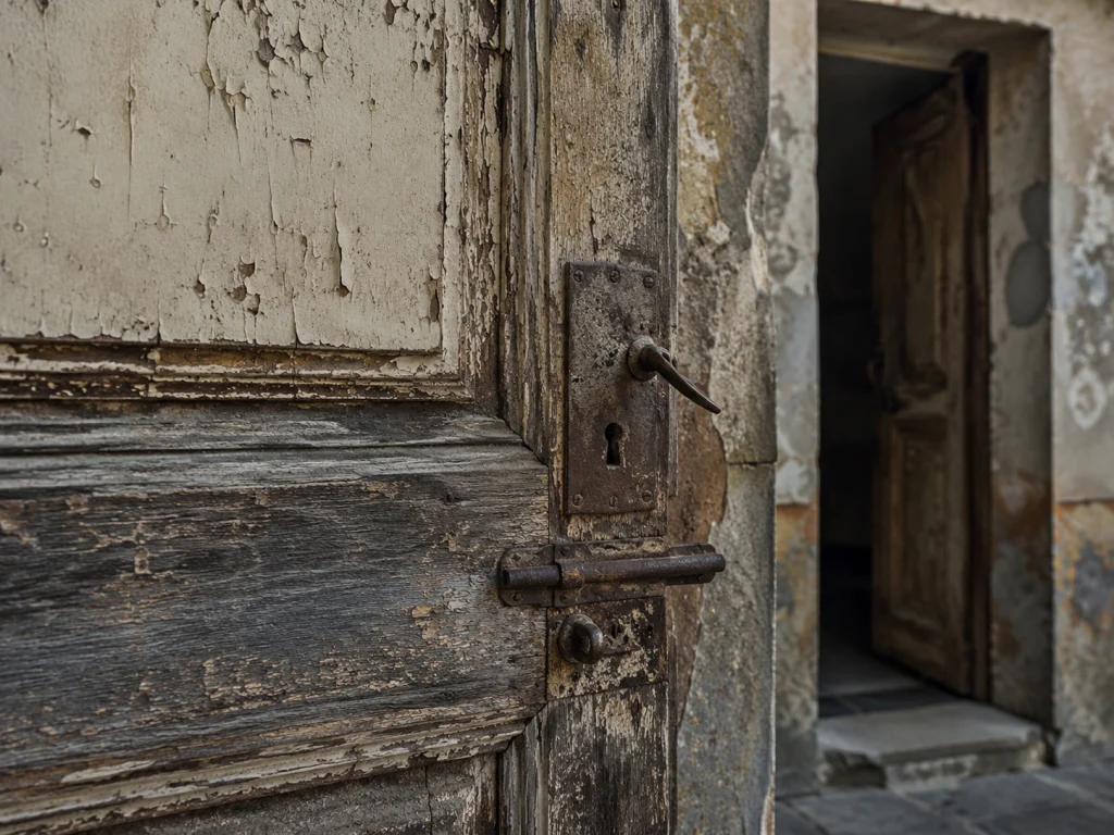 Primo piano di una vecchia porta in legno consumata, con vernice scrostata e serratura in ferro arrugginita, all’interno di un edificio italiano abbandonato.