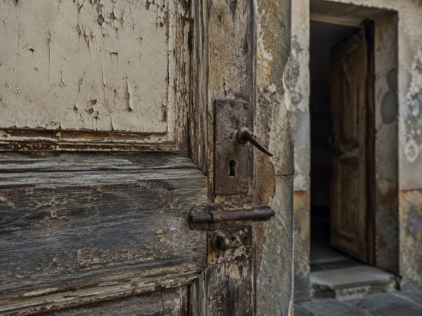 Primo piano di una vecchia porta in legno consumata, con vernice scrostata e serratura in ferro arrugginita, all’interno di un edificio italiano abbandonato.