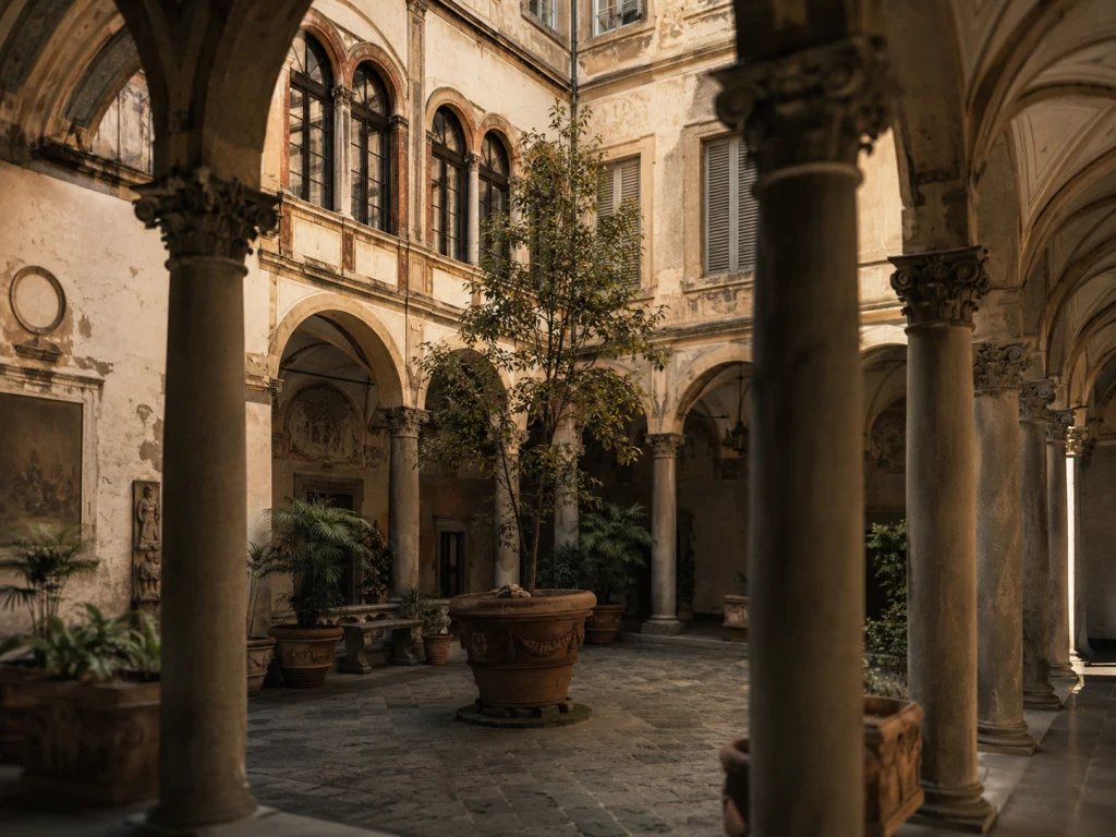 Cortile interno di un palazzo storico fiorentino con colonne, archi in pietra, pareti antiche e luce naturale calda che illumina piante e dettagli architettonici.