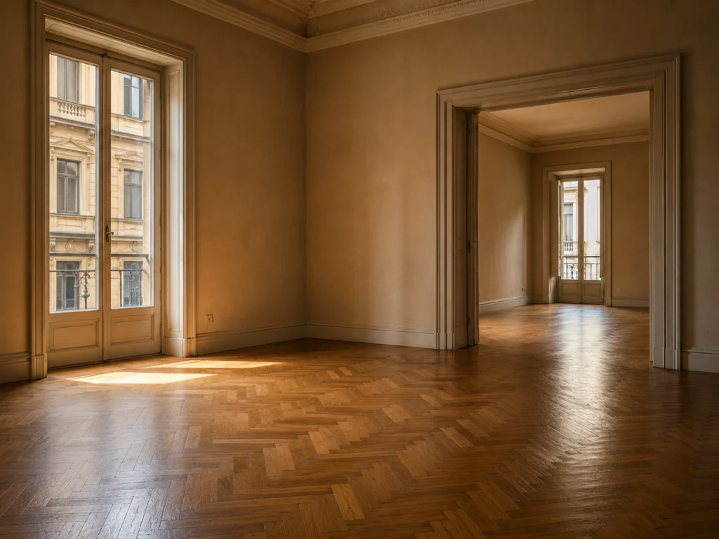 Interno vuoto di un elegante appartamento italiano con grandi finestre, luce naturale, pareti neutre e pavimento in parquet a spina di pesce.