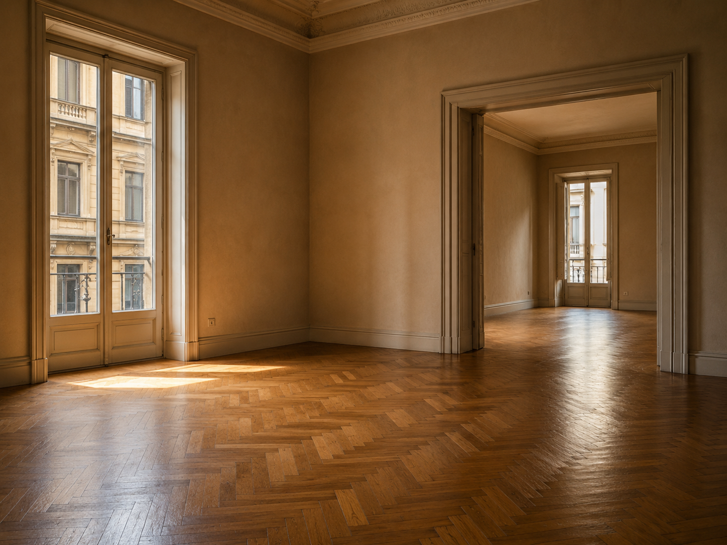 Interno vuoto di un elegante appartamento italiano con grandi finestre, luce naturale, pareti neutre e pavimento in parquet a spina di pesce.