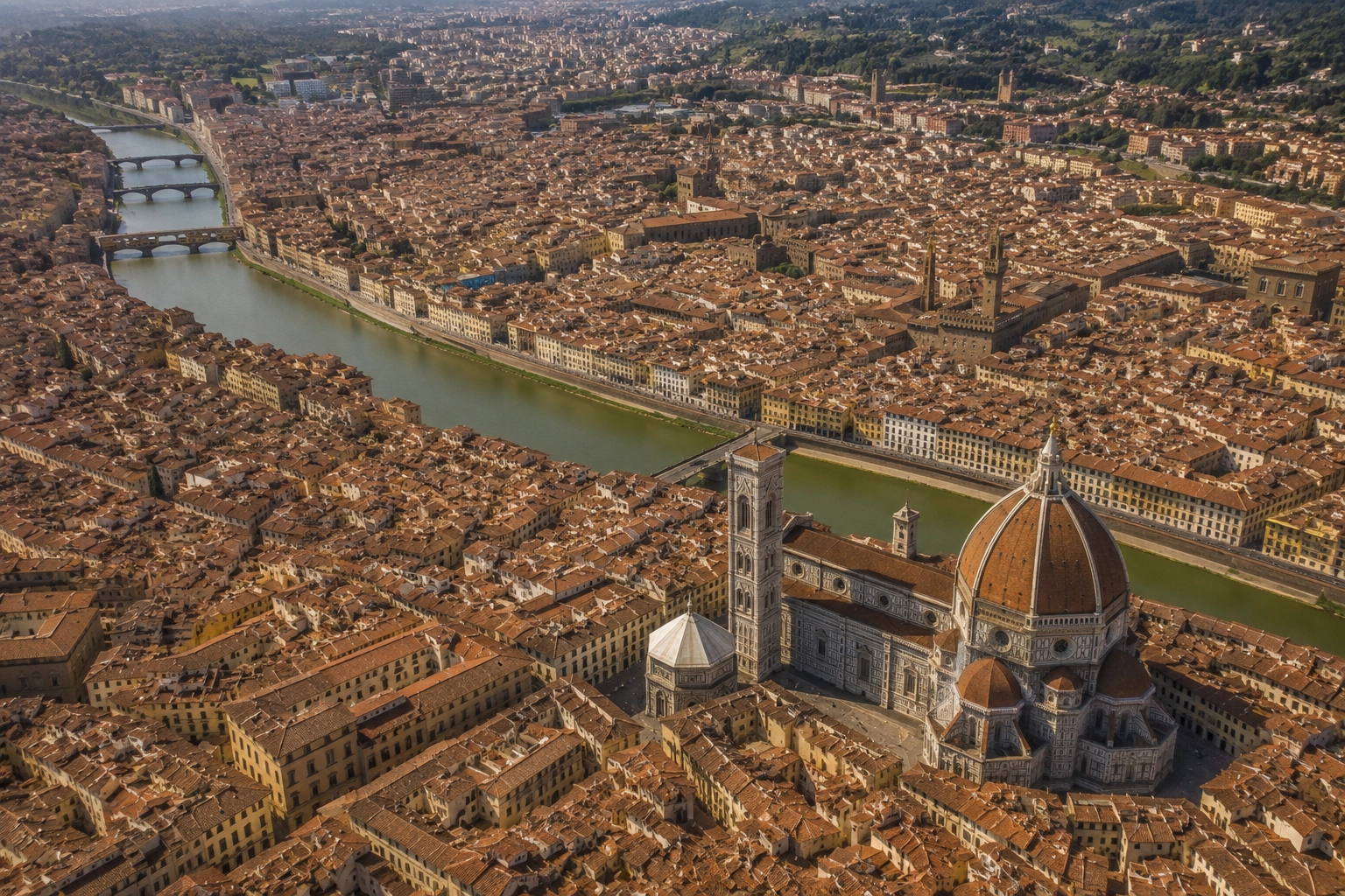 Vista aerea del centro storico di Firenze con il fiume Arno e Ponte Vecchio, mercato immobiliare distressed fiorentino nel 2027